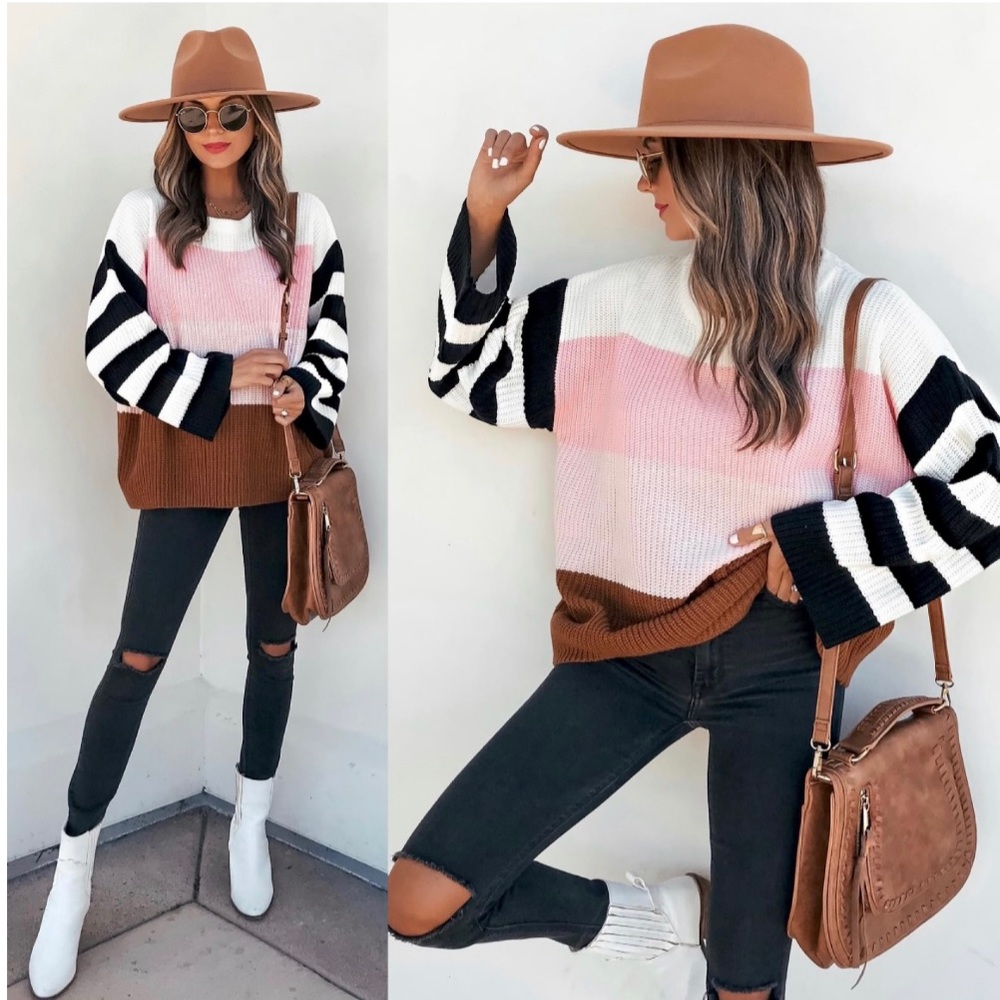 Vici Colorblock Sweater in Pink, White, Black, and Brown